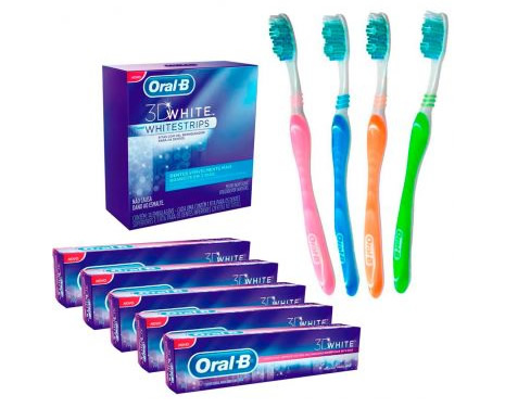 oralbkit - 5 Pasta 3D White 70g + 4 Escovas + 1 Unidade de Fitas Dentais Branqueadoras Whitestrips - Oral B - R$ 39,90